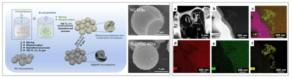 (좌) Si@hNC MS 복합체의 합성 과정과 SEM 이미지 (우) 복합체의 단면 TEM 분석 (EDS 원소 mapping)