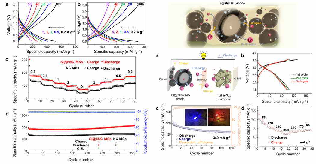 (좌) NC MS와 Si@hNC MS 복합체 전극을 사용한 half cell의 전기화학적 성능, (우) 복합체의 리튬이온 저장 메커니즘과 LFP//Si@hNC MS full-cell에서의 전기화학적 성능