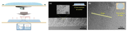 One-drop spin coating 공정의 개념도 및 PS-PDMS 입자 어레이 필름 제조의 SEM 이미지; (a) 단면도, (b)평면도