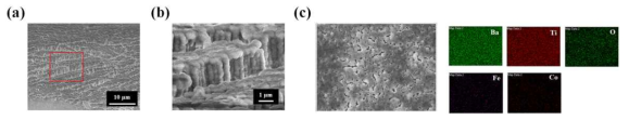 (a) CoFe2O4-BaTiO3/BaTiO3 자기전기 필름의 SEM 이미지; (a) 저배율 측면도, (b) 고배율 측면도, (c) EDS 분석
