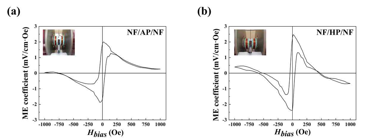 (a) NF/AP/NF 및 (b) NF/HP/NF 자기전기 라미네이트 복합체의 자기전기 출력전압