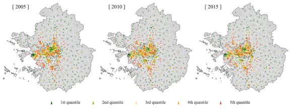 행정동별 주거이동의 공간적 패턴(2005, 2010, 2015년)