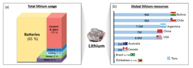 (a) Distribution of total lithium usage in 2019; (b) distribution of global lithium resources