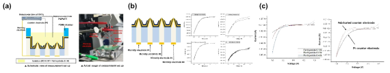 (a) 순환전압전류법 실험 셋업 (b) 독립된 개별 전극을 측정한 결과 (c) 농도에 따른 최대 전류 변화(왼쪽)와 이중 전극을 활용한 순환전압전류 측정과 백금 전극과의 비교 결과(오른쪽)