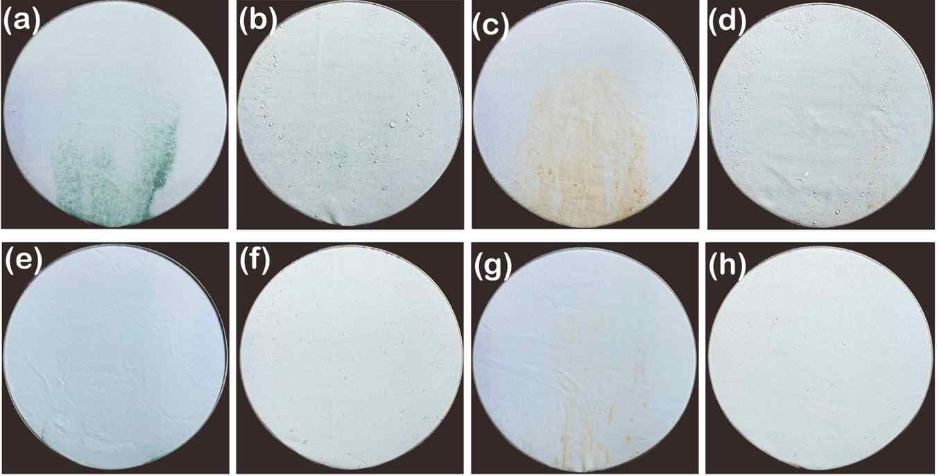 Self-cleaning tests combined with the water spray test of (a-d) staple / (e-h) filament fabrics (a,c,e,g) before and (b,d,f,h) after P1T1 PDMS coating contaminated with (a,b,e,f) silicon carbides and (c,d,g,h) fine dusts