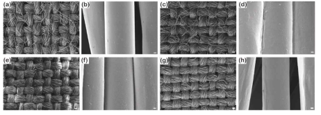 SEM images of untreated (a,b) and P1T1 PDMS-coated (c,d) staple fabrics, untreated (e,f) and P1T1 PDMS-coated (g,h) filament fabrics. (magnification: ×100, ×10,000 and scale bar: 200 μm, 2 μm)