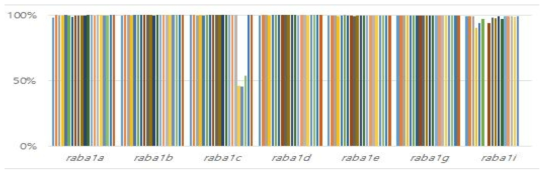 CRISPR/Cas9 binary vector에 의해 구축된 raba1 mutants의 indel 효율 검증