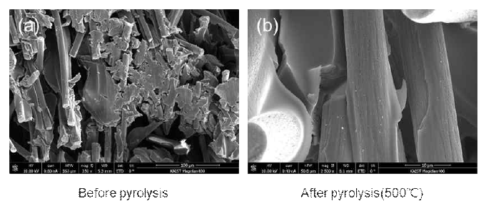 Pyrolysis 전/후의 SEM 이미지 변화. (a) pyrolysis 전 (b) 후