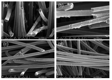 제조된 전극의 SEM image. Quenching solution (a) MeOH, (b) EtOH, (c) THF, (d) water. Quenching 이후 전극 표면의 polymer가 모두 제거되었음