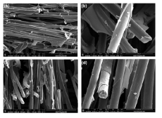 코팅 용액 농도에 따른 pyrolysis(700℃) 이후 morphology 비교. (a)-(b) 5wt% NMP solution after pyrolysis, (c)-(d) 3wt% NMP solution, after pyrolysis