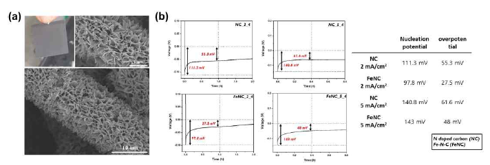 수용액 상에서 합성한 단일원자-카본 전극 소재의 a) Optical 및 SEM 이미지 b) 아연 금속 전지에서의 핵 생성 에너지 및 과전압 비교
