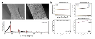 (a) 텔루륨-카본 펠트 SEM 이미지(위) 및 XRD(아래) (b) 아연 브롬 전지 전해질에서의 충방전 곡선 및 쿨롱 효율