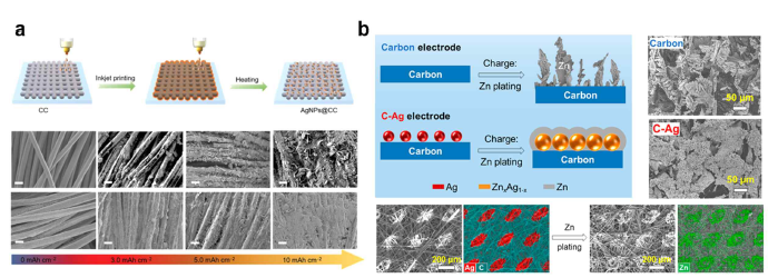 은 나노 파티클 코팅 카본전극소재의 아연 금속 전착 시 아연 금속의 형태 변화에 대한 모식도 a) carbon cloth b) carbon paper