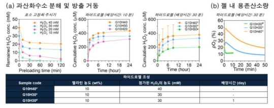 효소 고정화 주사기 및 산소 방출 하이드로젤로부터의 (a) 과산화수소 분해 및 방출 거동 평가와 (b) 하이드로젤 내 용존산소량 결과