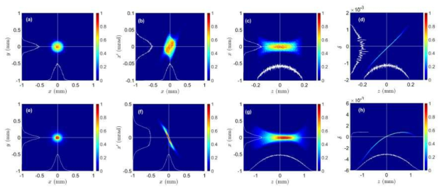 GUN2 레이저-플라즈마 가속 챔버위치에서의 전자빔의 phase space. (a-d) 전하량 5 pC,(e-h) 200 pC. (a,e) projection 분포, (b,f) 횡방향의 분포, (c,g) slice 분포, (d,h) 진행방향의 phase space