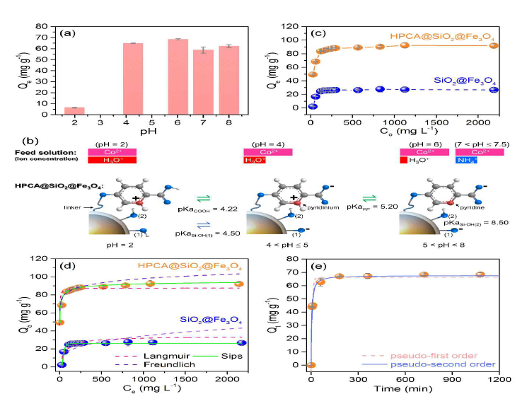 Adsorption performance of HPCA@SiO2@Fe3O4: (a) effect of pH at Co = 60 mg L-1; (b) ion speciation in the feed and acid-base behavior of HPCA@SiO2@Fe3O4 at varied solution pH; (c) effect of Co = 25 – 2000 mg L-1; (d) Qe vs. Ce for model fitting; (e) adsorption time profile at Co = 60 mg L-1 (Qt vs. t) for Co(II) uptake rate. [Conditions: S/L ratio = 0.5 mg mL-1, T = 30 ℃ for (a, e)]