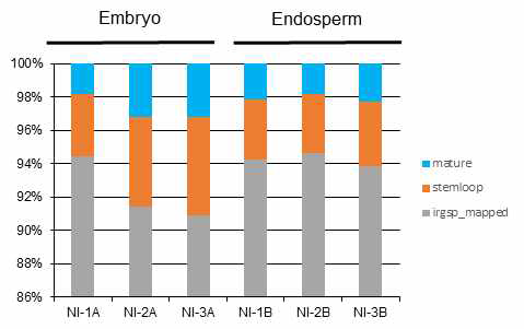 종자 성숙 단계별 배아 (Embryo)와 배유 (Endosperm) small RNA 중 mature microRNA와 stem loop 서열 비율