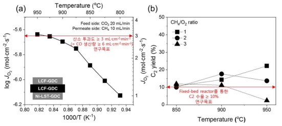 (a) 이산화탄소/메탄 조건에서 멤브레인의 산소 투과도 (b) fixed-bed reactor를 사용한 C2 수율 연구