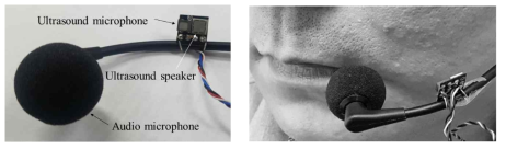 제작된 목 헤드셋형 초음파 센서의 구조(조). 착용 모습(우)