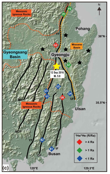 한반도 동남권 단층대 및 가스 샘플링 위치(Lee et al., 2019)