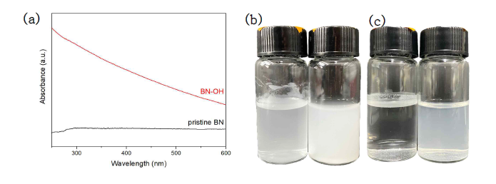 (a) pristine BN과 BN-OH의 UV-vis를 통한 분산성 평가. (b) at initial (c) at after 1month