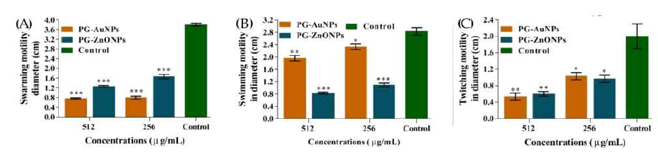 Inhibitory activity of PG-AuNPs toward mobilities of Pseudomonas aeruginosa. (A) Swarming; (B) Swimming; (C) Twitching