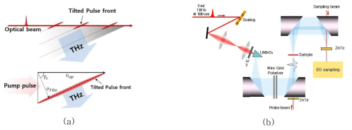 THz 고전계 발생 개념도 (a) 및 시분해 분광 시스템 모식도