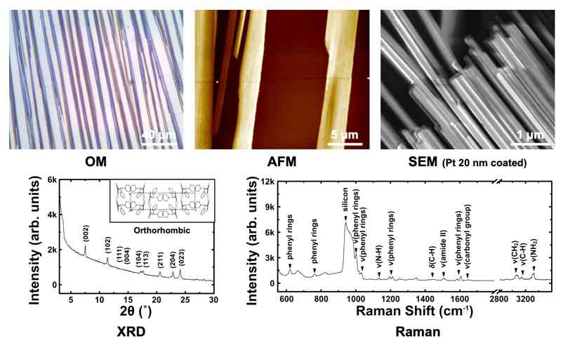 Cyclo-pheynylalanine 나노 로드의 OM, AFM, SEM 이미지 및 XRD, Raman을 이용한 구조 및 성분 분석