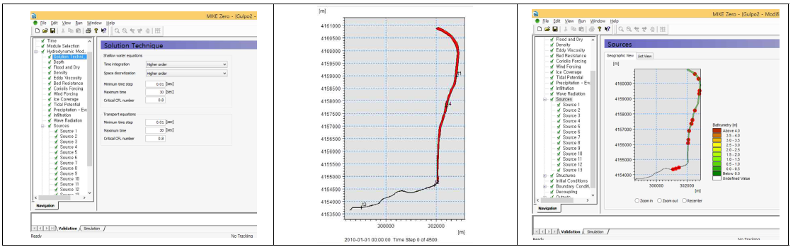 MIKE 수치해석모델 구축 화면(지형, 격자망, 데이터입력 등)