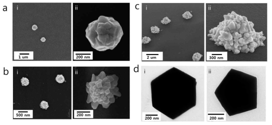 조건에 따른 비대칭 SiO2@Au . a) Spherical polyhedral structure. b) chrysanthemum-shape structure. c) mountain-shape structure. i) Low magnification, ii) high magnification d) i) hexagonal structure, ii) pentagonal structure