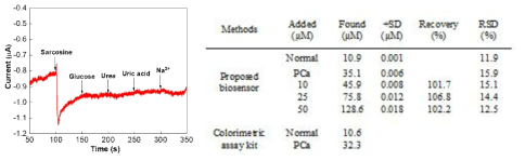 (좌) 0.2mM Sarcosine, glucose, urea, uric acid 및 소듐 이온의 연속적인 첨가와 함께 –0.1V의 applied 전위에서 SOxENs/PB/SPCE의 전류측정 반응. (우, 테이블) 인간 소변 샘플에서 측정된 Sarcosine 의 센서 및 상용 assay과의 농도 비교 (SD: standard deviation, RSD: relative standard deviation)