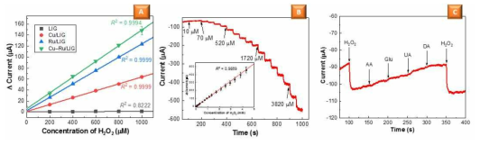 (a) Cu-Ru/LIG 센서를 이용한 전류법에 의한 H2O2 검출. (b) Cu-Ru/LIG 센서의 H2O2 검증곡선 © Cu-Ru/LIG 센서의 선택성 확인]