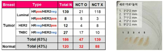 좌) 환자유래 유방암/정상조직 오가노이드 현황, 우) 진단당시 re-biopsy