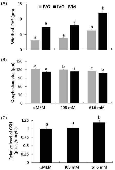 Effect of reduced sodium chloride in in vitro growth (IVG) medium on the width of perivitelline space (PVS) (A), oocyte diameter (B), and glutathione (GSH) content (C), after IVG and in vitro maturation (IVM) of small antral follicle-derived pig oocytes. Different letters (aec) in the bar indicate significant differences among treatment groups (P < 0.05)