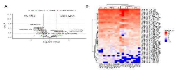 정상 vs MDS 환자 유래 MSC exosome 간에 차별적으로 존재하는 miRNAs A) 차별적으로 exosome에 존재하는 miRNAs (Log2 Fold change > 1, p-value < 0) B) exosome에 차별적으로 존재하는 miRNA의 unsupervised clustering analysis 및 heatmap 분석