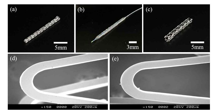 전자빔 표먼처리된 금속 스텐트 카테터 팽창 테스트(a)~(c), 전자빔 처리 전후 스텐트 스트럿 표면 SEM이지미 비교 (d) 처리전, (e) 처리 후
