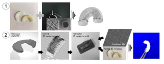 반월상 연골판에 멤브레인 부착기술 2가지 방법 모식도 및 그에 따른 제작 결과