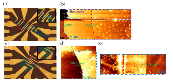 UV-Ozone 처리 유/무에 따른 WS2/hBN 구조로 적층된 이차원 물질의 표면 특성. (a) UV-Ozone 처리를 하지 않은 WS2 광학 현미경 이미지. (b) UV-Ozone 처리를 하지 않은 WS2 AFM 이미지 (c) UV-Ozone 5분 처리를 한 WS2 광학 현미경 이미지 (d), (e) UV-Ozone 5분 처리를 한 WS2 AFM 이미지