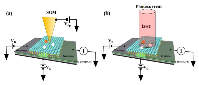 (a) 2차원 물질 이종 접합 채널-전극-절연층 구조체 소자에 대한 SGM 및 (b) Photocurrent 연구 모식도