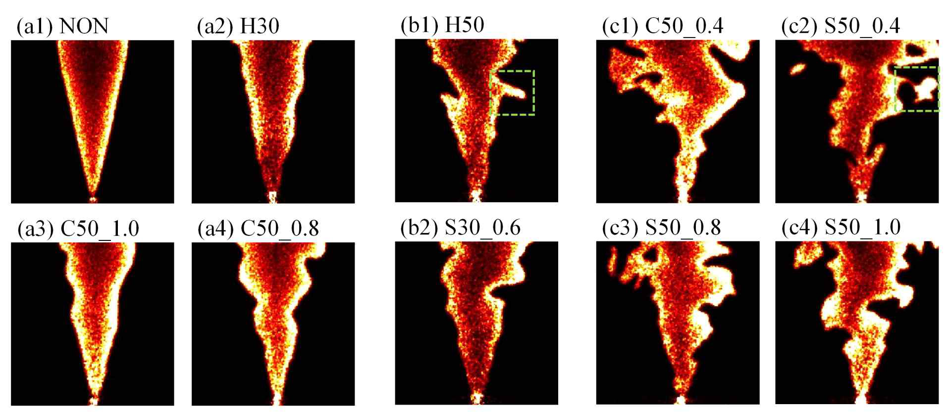 OH-PLIF 순간이미지; (a) Wrinkled flamelets, (b) Corrugated flamelets, (c) Thin reaction zone regime