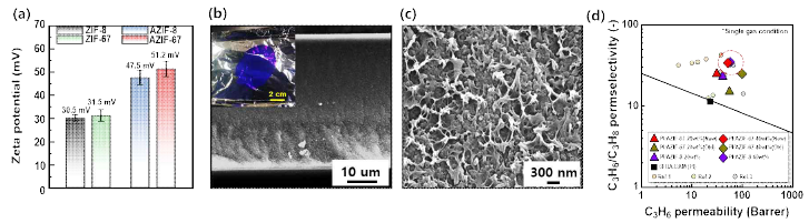 개발된 AZIF-67 나노 분자체의 a) zeta-potential 결과, b-c) PI/AZIF-67 (60/40 w/w) MMM 의 단면사진, d) PI/AZIF-67 MMM의 2atm 35oC 조건 하 단일기체 C3H6/C3H8 분리성능 결과