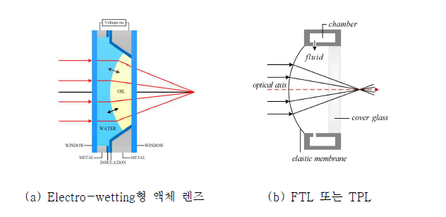 액체 렌즈의 종류: (a) Electro-wetting형 액체 렌즈, (b) Focus tunable lens(FTL) 또는 tunable polymer lens(TPL)형 액체 렌즈