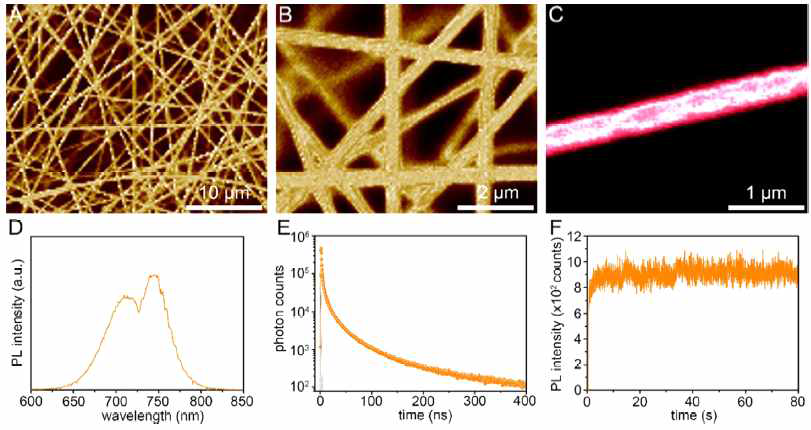 PVP/MAPbI3 나노 섬유의 광학적 특성 분석 결과. (A) 나노 섬유 필름의 PL mapping 결과를 보여주는 저배율 사진. (B) 나노 섬유 필름의 PL mapping 결과를 보여주 는 고배율 사진. 모든 섬유의 PL 강도가 유사함을 확인함. (C) 공초점 현미경으로부터 얻 은 나노 섬유의 적색 PL emission 사진. (D) 나노 섬유 1개의 steady-state PL 스펙트럼 그 래프. (E) 나노 섬유 1개의 time-resolved PL decay 곡선. (F) 나노 섬유 1개의 시간에 따른 steady-state PL intensity 추적 곡선
