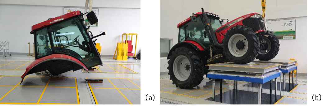 (a) 트랙터 캐빈의 무게중심 측정 (b) 트랙터 본기의 무게중심 측정