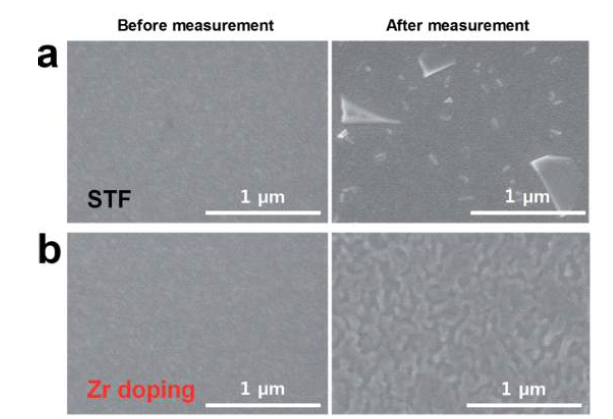 (a) STF 박막 및 (b) Zr 도핑된 STF 박막의 ECR 실험 전후 주사전자현미경 표면 이미지