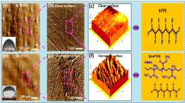 The SEM images showed (a, b) clean surface of N-PTFE (inset: CA of 96.2°), and (d, e) corrugated surface of Sh-PTFE, (inset: CA of 135.2°). The AFM images revealed (c) clear surface morphology on N-PTFE film (the height of the layer ~ 45 nm) (f) and corrugate morphology on Sh-PTFE film (the height of the layer ~ 113 nm)
