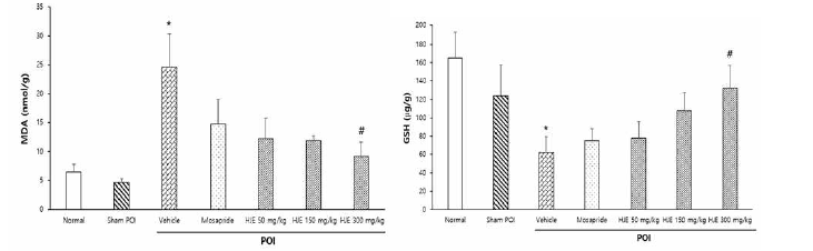 POI 모델에서 증가한 산화적 스트레스에 대한 율초추출물의 산화적 스트레스 감소효과 ( MDA, GSH)