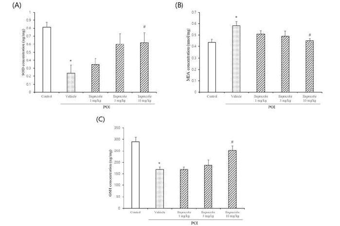 POI 모델에서 증가한 산화적 스트레스에 대한 Ilaprazole의 산화적 스트레스 감소효과 (A; SOD, B; MDA, C; GSH)