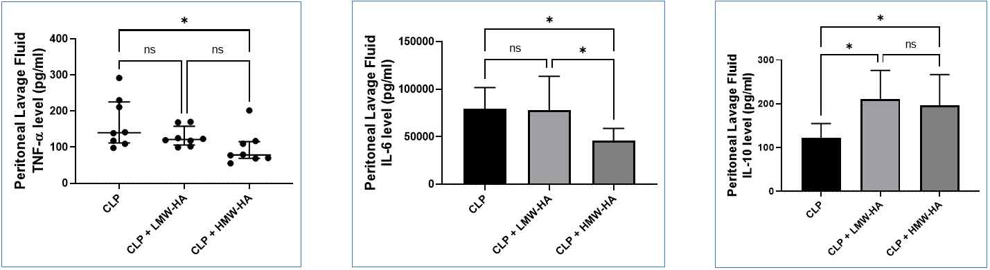 마우스 CLP 모델의 복강세척액에서 염증에 대한 LMW-HA와 HMW-HA 효과 분석