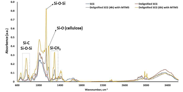 FT-IR spectrum of non-treated and MTMS treated SCG holocellulose(4 and 6 hours delignified SCG)